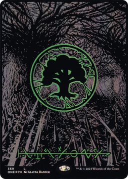 Forest (Phyrexian) - Full Art (Oil Slick Raised Foil) (ONE-369) - Phyrexia: All Will Be One (Borderless) Foil