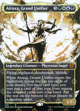 Atraxa, Grand Unifier (Showcase) (Step-and-Compleat Foil) (ONE-459) - Phyrexia: All Will Be One: (Showcase) (Borderless) Foil