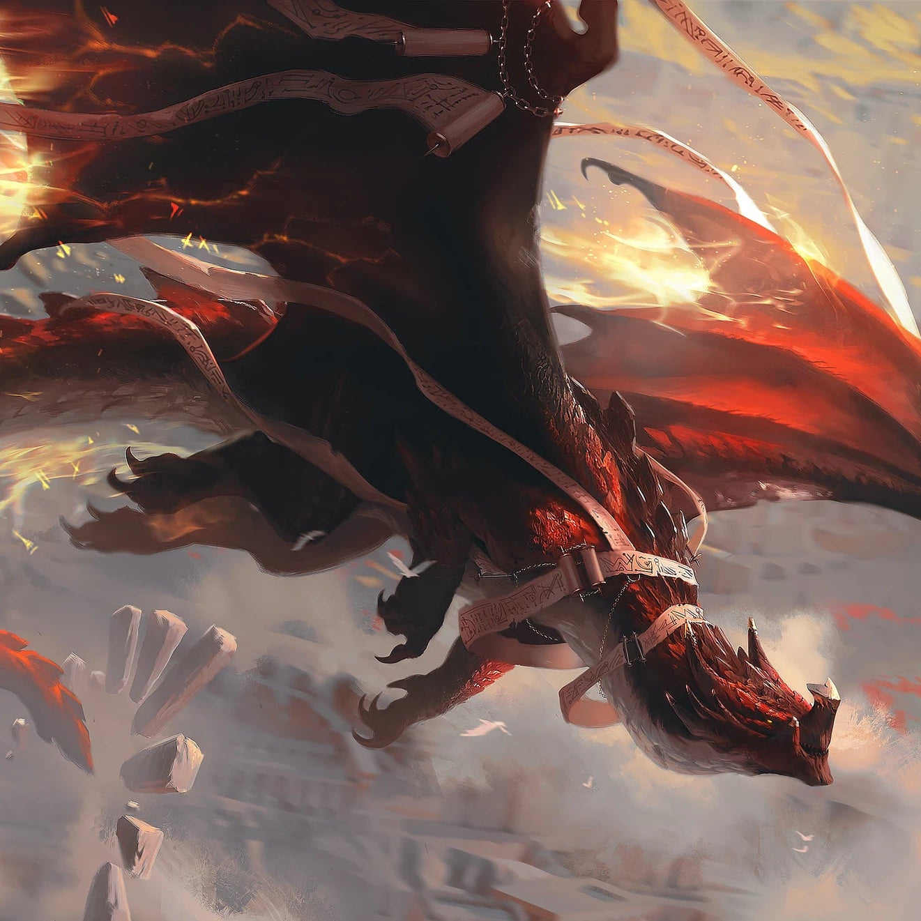 Dragon in flight with fiery wings against a cloudy sky.